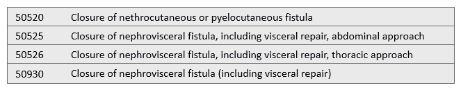 Patient presented to the operating room where an incision was made in the epigastric region for a repair of ureterovisceral fistula.   A)  50526 B)  50930 C)  50520 D)  50525