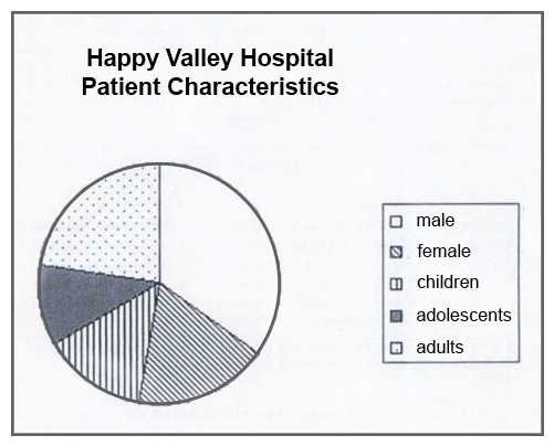 What is the biggest problem with the pie graph displayed?   A)  There is not enough variation in the patterns to clearly distinguish between females and children. B)  The total males and females do not equal the total children, adolescents, and adults. C)  There are no definitions for children, adolescents, and adults. D)  There is more than one variable displayed on the chart.