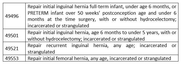 A 4-year-old had a repair of an incarcerated inguinal hernia. This is the first time this child had been treated for this condition.   A)  49553 B)  49496 C)  49521 D)  49501