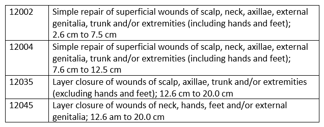 Patient was seen in the Emergency Department with lacerations on the left arm. Two lacerations, one 7 cm and one 9 cm, were closed with layered sutures.   A)  12045 B)  12035 C)  12002, 12004 D)  12004
