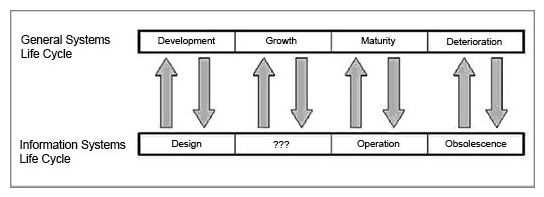 Take a look at the comparison of the two life cycles below:   Look at the cell in the Information Systems Life Cycle that is filled with question marks. Which of the following should replace those question marks to make a complete, correct comparison? A)  growth B)  installation C)  implementation D)  reevaluation