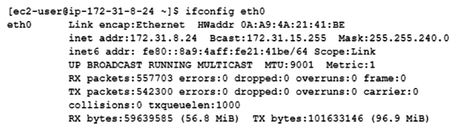 A Network Engineer is troubleshooting a network connectivity issue for an instance within a public subnet that cannot connect to the internet. The first step the Engineer takes is to SSH to the instance via a local bastion within the VPC and runs an ifconfig command to inspect the IP addresses configured on the instance. The output is as follows:   The Engineer notices that the command output does not contain a public IP address. In the AWS Management Console, the public subnet has a route to the internet gateway. The instance also has a public IP address associated with it. What should the Engineer do next to troubleshoot this situation? A)  Configure the public IP on the interface. B)  Disable source/destination checking for the instance. C)  Associate an Elastic IP address to the interface. D)  Evaluate the security groups and the network access control list.
