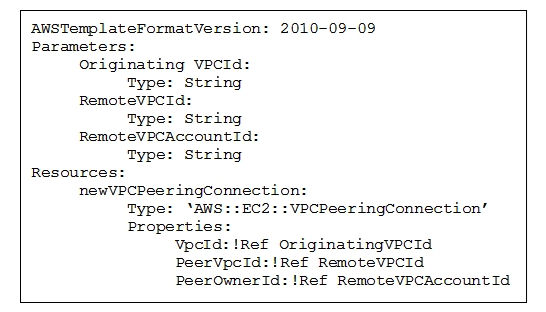 An AWS CloudFormation template is being used to create a VPC peering connection between two existing operational VPCs, each belonging to a different AWS account. All necessary components in the 'Remote' (receiving)  account are already in place. The template below creates the VPC peering connection in the Originating account. It contains these components:   Which additional AWS CloudFormation components are necessary in the Originating account to create an operational cross-account VPC peering connection with AWS CloudFormation? (Choose two.)  A)    B)    C)    D)    E)   