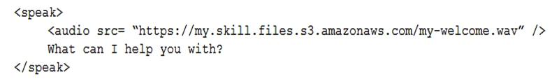 An Alexa Skill Builder wants to add a short audio clip to a skill with SSML. The Builder records a 6-second audio clip using a high-end microphone and recording application and exports the file with a bitrate of 48 kbps. The file is then uploaded to a public Amazon S3 bucket. The Builder then updates the SSML to return:   When testing the skill, Amazon Alexa responds with  There was a problem with the requested skill's response  every time. How should the Builder resolve this error? A)  Record a shorter audio clip. B)  Re-export the audio file with a smaller bitrate. C)  Re-export the audio file to .mp3 instead of .wav D)  Update the interaction model to enable the AudioPlayer interface