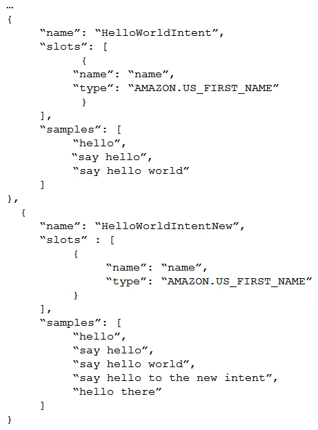 The information below details a portion of an interaction model in JSON:   What is wrong with this interaction model? A)  The intent naming convention is not valid in the situation. B)  The two intents do not have unique slots. C)  The two intents do not have unique utterances. D)  The JSON is not properly constructed and would cause an error.
