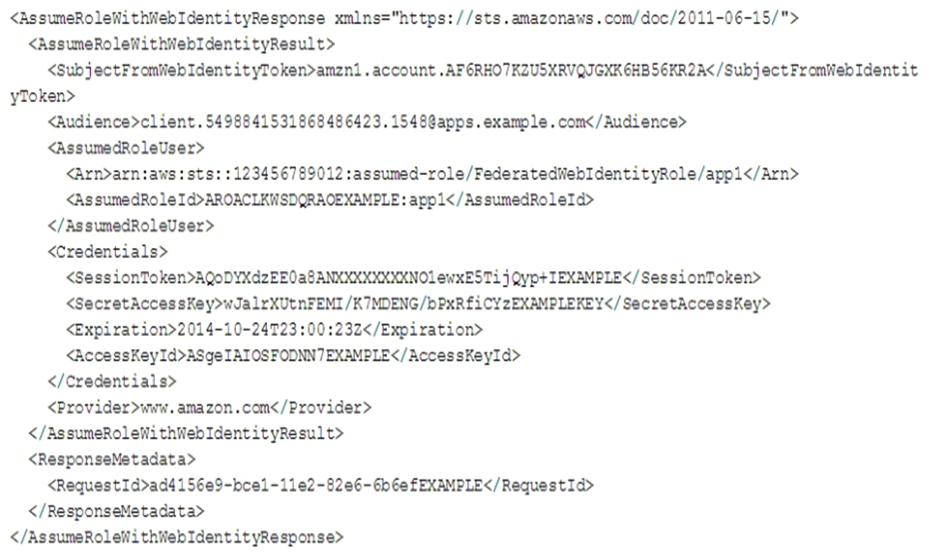 A company has an internet-facing application that uses Web Identity Federation to obtain a temporary credential from AWS Security Token Service (AWS STS) . The app then uses the token to access AWS services. Review the following response:   Based on the response displayed, what permissions are associated with the call from the application? A)  Permissions associated with the role AROACLKWSDQRAOEXAMPLE:app1 Permissions associated with the role AROACLKWSDQRAOEXAMPLE:app1 B)  Permissions associated with the default role used when the AWS service was built C)  Permission associated with the IAM principal that owns the AccessKeyID ASgeIAIOSFODNN7EXAMPLE Permission associated with the IAM principal that owns the AccessKeyID ASgeIAIOSFODNN7EXAMPLE D)  Permissions associated with the account that owns the AWS service