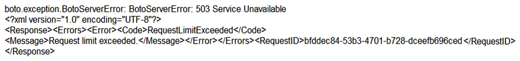 A developer receives the following error message when trying to launch or terminate an Amazon EC2 instance using a boto3 script.   What should the developer do to correct this error message? A)  Assign an IAM role to the EC2 instance to allow necessary API calls on behalf of the client. B)  Implement an exponential backoff algorithm for optimizing the number of API requests made to Amazon EC2. C)  Increase the overall network bandwidth to handle higher API request rates. D)  Upgrade to the latest AWS CLI version so that boto3 can handle higher request rates.