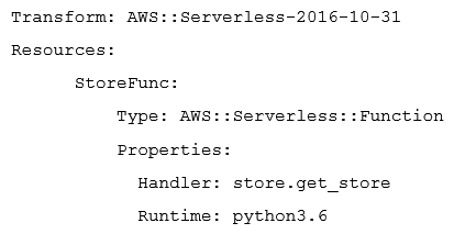 Given the source code for an AWS Lambda function in the local store.py containing a handler function called get_store and the following AWS CloudFormation template:   What should be done to prepare the template so that it can be deployed using the AWS CLI command aws cloudformation deploy ? A)  Use aws cloudformation compile to base64 encode and embed the source file into a modified CloudFormation template. Use aws cloudformation compile to base64 encode and embed the source file into a modified CloudFormation template. B)  Use aws cloudformation package to upload the source code to an Amazon S3 bucket and produce a modified CloudFormation template. aws cloudformation package to upload the source code to an Amazon S3 bucket and produce a modified CloudFormation template. C)  Use aws lambda zip to package the source file together with the CloudFormation template and deploy the resulting zip archive. aws lambda zip to package the source file together with the CloudFormation template and deploy the resulting zip archive. D)  Use aws serverless create-package to embed the source file directly into the existing CloudFormation template. aws serverless create-package to embed the source file directly into the existing CloudFormation template.