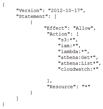 A Security Engineer has created an Amazon CloudWatch event that invokes an AWS Lambda function daily. The Lambda function runs an Amazon Athena query that checks AWS CloudTrail logs in Amazon S3 to detect whether any IAM user accounts or credentials have been created in the past 30 days. The results of the Athena query are created in the same S3 bucket. The Engineer runs a test execution of the Lambda function via the AWS Console, and the function runs successfully. After several minutes, the Engineer finds that his Athena query has failed with the error message:  Insufficient Permissions . The IAM permissions of the Security Engineer and the Lambda function are shown below: Security Engineer   Lambda function execution role   What is causing the error? A)  The Lambda function does not have permissions to start the Athena query execution. B)  The Security Engineer does not have permissions to start the Athena query execution. C)  The Athena service does not support invocation through Lambda. D)  The Lambda function does not have permissions to access the CloudTrail S3 bucket.