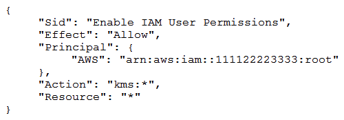 A Security Engineer who was reviewing AWS Key Management Service (AWS KMS)  key policies found this statement in each key policy in the company AWS account.   What does the statement allow? A)  All principals from all AWS accounts to use the key. B)  Only the root user from account 111122223333 to use the key. C)  All principals from account 111122223333 to use the key but only on Amazon S3. D)  Only principals from account 111122223333 that have an IAM policy applied that grants access to this key to use the key.