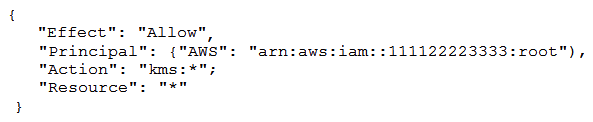 The Security Engineer created a new AWS Key Management Service (AWS KMS)  key with the following key policy:   What are the effects of the key policy? (Choose two.)  A)  The policy allows access for the AWS account 111122223333 to manage key access though IAM policies. B)  The policy allows all IAM users in account 111122223333 to have full access to the KMS key. C)  The policy allows the root user in account 111122223333 to have full access to the KMS key. D)  The policy allows the KMS service-linked role in account 111122223333 to have full access to the KMS key. E)  The policy allows all IAM roles in account 111122223333 to have full access to the KMS key.