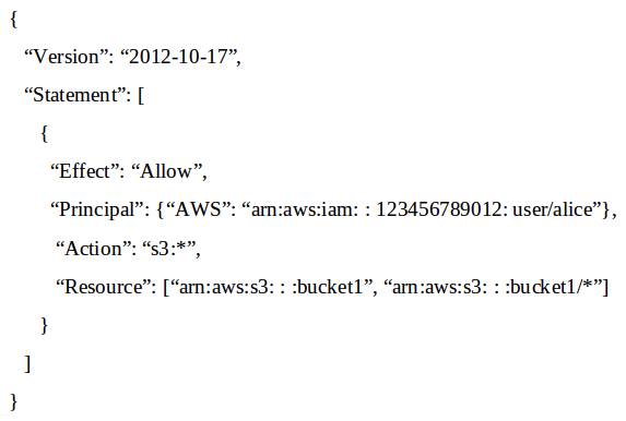 An AWS account includes two S3 buckets: bucket1 and bucket2. The bucket2 does not have a policy defined, but bucket1 has the following bucket policy:   In addition, the same account has an IAM User named  alice , with the following IAM policy.   Which buckets can user  alice  access? A)  Bucket1 only B)  Bucket2 only C)  Both bucket1 and bucket2 D)  Neither bucket1 nor bucket2