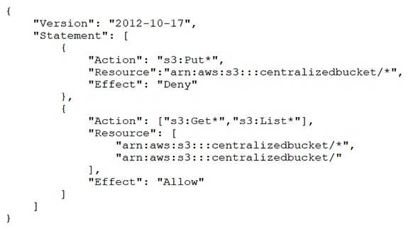 A company's Security Engineer is copying all application logs to centralized Amazon S3 buckets. Currently, each of the company's application is in its own AWS account, and logs are pushed into S3 buckets associated with each account. The Engineer will deploy an AWS Lambda function into each account that copies the relevant log files to the centralized S3 bucket. The Security Engineer is unable to access the log files in the centralized S3 bucket. The Engineer's IAM user policy from the centralized account looks like this:   The centralized S3 bucket policy looks like this:   Why is the Security Engineer unable to access the log files? A)  The S3 bucket policy does not explicitly allow the Security Engineer access to the objects in the bucket. B)  The object ACLs are not being updated to allow the users within the centralized account to access the objects. C)  The Security Engineer's IAM policy does not grant permissions to read objects in the S3 bucket. D)  The s3:PutObject and s3:PutObjectAcl permissions should be applied at the S3 bucket level.