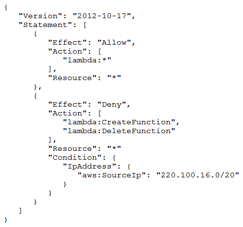 A solutions architect has configured the following IAM policy.   Which action will be allowed by the policy? A)  An AWS Lambda function can be deleted from any network. B)  An AWS Lambda function can be created from any network. C)  An AWS Lambda function can be deleted from the 100.220.0.0/20 network. D)  An AWS Lambda function can be deleted from the 220.100.16.0/20 network.