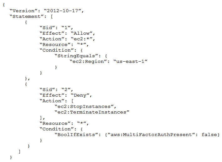 The following IAM policy is attached to an IAM group. This is the only policy applied to the group.   What are the effective IAM permissions of this policy for group members? A)  Group members are permitted any Amazon EC2 action within the us-east-1 Region. Statements after the Allow permission are not applied. B)  Group members are denied any Amazon EC2 permissions in the us-east-1 Region unless they are logged in with multi-factor authentication (MFA) . C)  Group members are allowed the ec2:StopInstances and ec2:TerminateInstances permissions for all Regions when logged in with multi-factor authentication (MFA) . Group members are permitted any other Amazon EC2 action. D)  Group members are allowed the ec2:StopInstances and ec2:TerminateInstances permissions for the us-east-1 Region only when logged in with multi-factor authentication (MFA) . Group members are permitted any other Amazon EC2 action within the us-east-1 Region.