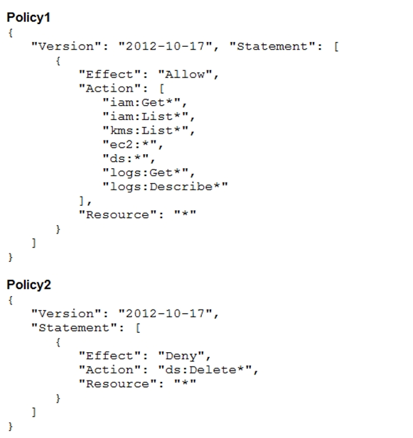A solutions architect has created two IAM policies: Policy1 and Policy2. Both policies are attached to an IAM group.   A cloud engineer is added as an IAM user to the IAM group. Which action will the cloud engineer be able to perform? A)  Deleting IAM users B)  Deleting directories C)  Deleting Amazon EC2 instances D)  Deleting logs from Amazon CloudWatch Logs