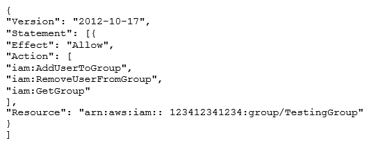 An organization (account ID 123412341234)  has configured the IAM policy to allow the user to modify his credentials. What will the below mentioned statement allow the user to perform?   A)  Allow the IAM user to update the membership of the group called TestingGroup B)  The IAM policy will throw an error due to an invalid resource name C)  The IAM policy will allow the user to subscribe to any IAM group D)  Allow the IAM user to delete the TestingGroup