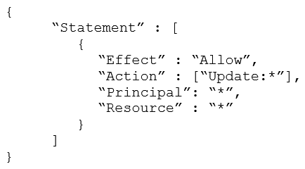 A large financial company is deploying applications that consist of Amazon EC2 and Amazon RDS instances to the AWS Cloud using AWS CloudFormation. The CloudFormation stack has the following stack policy:   The company wants to ensure that developers do not lose data by accidentally removing or replacing RDS instances when updating the CloudFormation stack. Developers also still need to be able to modify or remove EC2 instances as needed. How should the company change the stack policy to meet these requirements? A)  Modify the statement to specify  Effect :  Deny ,  Action :[ Update:* ] for all logical RDS resources. B)  Modify the statement to specify  Effect :  Deny ,  Action :[ Update:Delete ] for all logical RDS resources. C)  Add a second statement that specifies  Effect :  Deny ,  Action :[ Update:Delete ,  Update:Replace ] for all logical RDS resources. D)  Add a second statement that specifies  Effect :  Deny ,  Action :[ Update:* ] for all logical RDS resources.