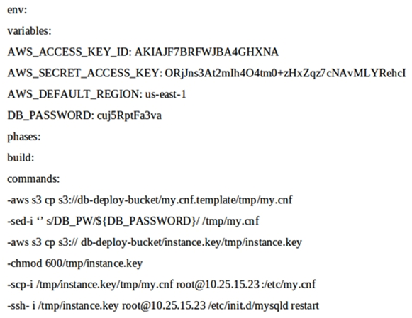 A DevOps Engineer is working on a project that is hosted on Amazon Linux and has failed a security review. The DevOps Manager has been asked to review the company buildspec.yaml file for an AWS CodeBuild project and provide recommendations. The buildspec.yaml file is configured as follows:   What changes should be recommended to comply with AWS security best practices? (Choose three.)  A)  Add a post-build command to remove the temporary files from the container before termination to ensure they cannot be seen by other CodeBuild users. B)  Update the CodeBuild project role with the necessary permissions and then remove the AWS credentials from the environment variable. C)  Store the DB_PASSWORD as a SecureString value in AWS Systems Manager Parameter Store and then remove the DB_PASSWORD from the environment variables. D)  Move the environment variables to the 'db-deploy-bucket' Amazon S3 bucket, add a prebuild stage to download, then export the variables. E)  Use AWS Systems Manager run command versus scp and ssh commands directly to the instance. F)  Scramble the environment variables using XOR followed by Base64, add a section to install, and then run XOR and Base64 to the build phase.