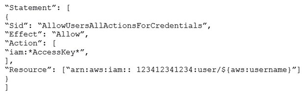 <strong>An organization (Account ID 123412341234. has attached the below mentioned IAM policy to a user. What does this policy statement entitle the user to perform? </strong> A) The policy allows the IAM user to modify all IAM users' access keys using the console, SDK, CLI or APIs B) The policy allows the IAM user to modify all IAM users' credentials using the console, SDK, CLI or APIs C) The policy allows the IAM user to modify all credentials using only the console D) The policy allows the IAM user to modify the IAM user's own credentials using the console, SDK, CLI or APIs