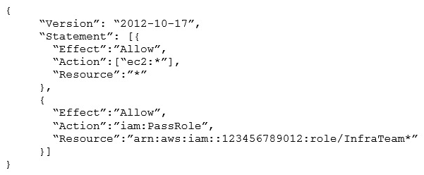 A company has configured a library of IAM roles that grant access to various AWS resources. Each employee has an AWS IAM user, some of which have the permission to launch Amazon EC2 instances. The SysOps Administrator has attached the following policy to those users:   What would be the result of this policy? A)  Users are able to switch only to a role name that begins with  InfraTeam  followed by any other combination of characters. B)  Users with the role of InfraTeamLinux are able to launch an EC2 instance and attach that role to it. C)   InfraTeam  role is being passed to a user who has full EC2 access. D)  EC2 instances that are launched by these users have full AWS permissions.