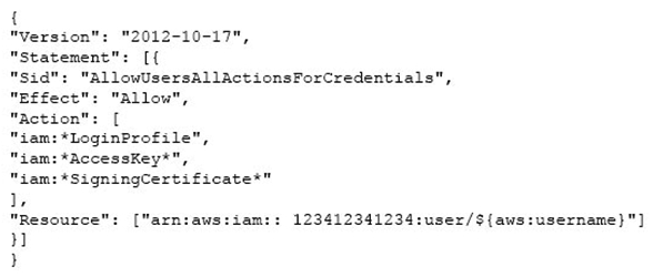 An organization (Account ID 123412341234)  has attached the below mentioned IAM policy to a user. What does this policy statement entitle the user to perform?   A)  The policy allows the IAM user to modify all IAM user's credentials using the console, SDK, CLI or APIs B)  The policy will give an invalid resource error C)  The policy allows the IAM user to modify all credentials using only the console D)  The policy allows the user to modify all IAM user's password, sign in certificates and access keys using only CLI, SDK or APIs