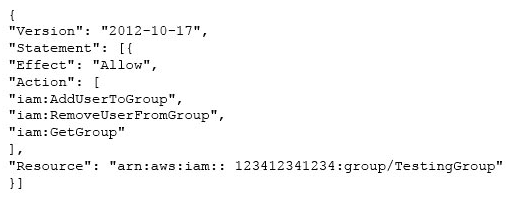 An organization (account ID 123412341234)  has configured the IAM policy to allow the user to modify his credentials. What will the below mentioned statement allow the user to perform?   A)  The IAM policy will throw an error due to an invalid resource name B)  The IAM policy will allow the user to subscribe to any IAM group C)  Allow the IAM user to update the membership of the group called TestingGroup D)  Allow the IAM user to delete the TestingGroup