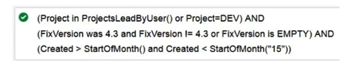 Sundar's development projects are falling behind. He wants to write a JQL query to find issues that meet all three of these criteria: He is the project lead of the project or the project is DEV. fixVersion had been set to 4.3 at some point but was later removed. Issues were created in the first 15 days of this month. The Exhibit shows the JQL query he created.   Which statement about Sundar's query is true? A)  The query will not return the right set of issues because the parentheses are wrong. B)  The query will not return the right set of issues because lines 2 and 3 are wrong. C)  The query will return the right set of issues, but it is inefficient. D)  The query is well written and will return the right set of issues. E)  The query is valid, but it will not run without a Jira Marketplace app. F)  The query will not return the right set of issues because line 2 only is wrong.