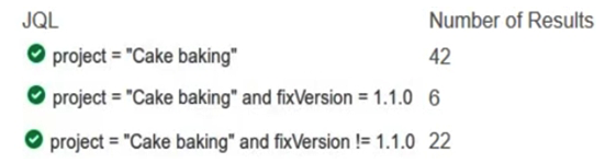 Tom has asked you why the numbers returned by his searches are not right. He shows you three JQL queries:   How can you fix this? A)  Change the query to project =  Cake Baking  and fixVersion ~ 1.1.0. B)  Change the query to project =  Cake Baking  and ( fixVersion is empty or fixVersion != 1.1.0 ) . C)  Rename the versions so they do not contain periods. D)  Identify the missing issues and change the permissions so that everyone can see them. E)  Change the query to project =  Cake Baking  and fixVersion not in (1.1.0) .