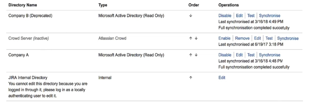 Your user directories are configured as shown:   The Active Directory administrators have just started the process of copying all the users from the old Company B directory to Company A directory. During this process, the group membership is being changed to allow for more fine-grained security control. A large number of migrated users complain that they do not have the correct new group memberships. Which configuration change should you perform? A)  Reorder the directories so Company A is before Company B. B)  Enable the Crowd user directory. C)  Reorder the directories so the Jira Internal Directory is listed first. D)  Synchronize the Company A directory. E)  Disable the Company A directory. F)  Disable the Company B directory.
