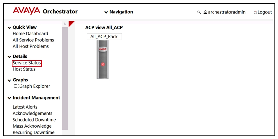 Refer to the exhibit.   An administrator notices that the Rack View of Avaya Orchestrator is highlighted with a Red X on the graphical representation of the rack. What does this indicate? A)  At least 50% of the hosts in the rack contain a service which is in critical state. B)  The rack has a front door that is currently unlocked. C)  The rack is currently unreachable. D)  At least one of the hosts in the rack contains a service which is in critical state.