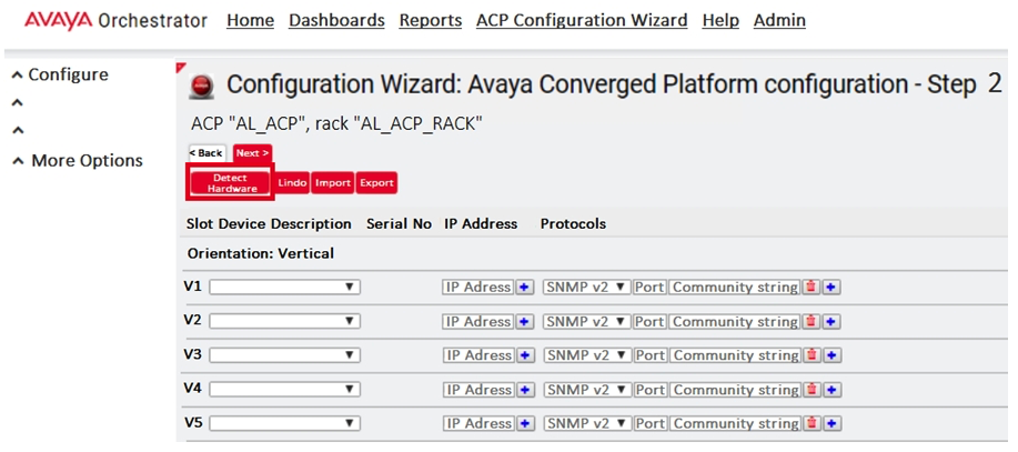 Refer to the exhibit.   An administrator is trying to add a new VSP to the ACP 4200 rack. However, when the Configuration Wizard is run and the 'Detect Hardware' button is clicked, the VSP cannot be detected. What is potentially causing this to happen? A)  The VSP has not been configured with the correct slot in Configuration Wizard. B)  The VSP has not been configured with the correct Device Description in Configuration Wizard. C)  The VSP has not been configured with the correct Protocol in Configuration Wizard. D)  The VSP's device credentials has not been configured correctly in System Manager.