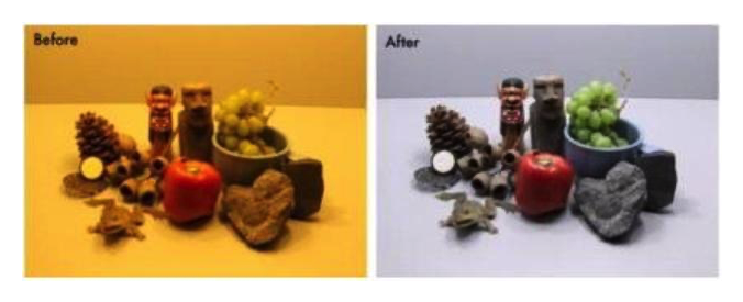 Which setting would best adjust a hard yellow tint as shown in the pictures below?   A)  Image contrast B)  White balance C)  Color saturation D)  Image brightness