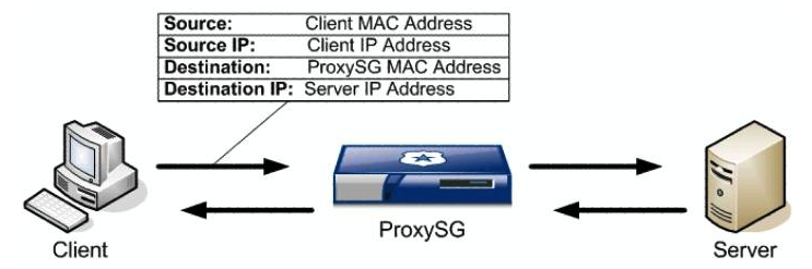 The HTTP request from a client to a proxy uses addresses as shown in the picture. It follows that the ProxySG serves as transparent proxy.  