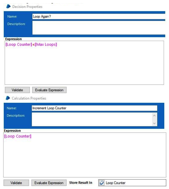 Study the following process flow:   The data item  Loop Counter  is a number data item and has an initial value of 0. The data item  Max Loops  is a number data item and has an initial value of 10. The two stages are configured as follows:   How many times will the Loop Again stage be executed when the page is executed? A)  10 B)  9 C)  11 D)  The loop will be infinite