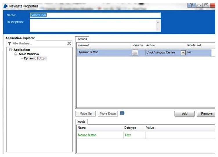 A screen contains four buttons, Find, Save, Close and New. When the buttons are spied, the attributes are identical except for the Window Text attribute. The values for the Windows Text attribute are 'Find' for the Find button, 'Save' for the Save button, 'Close' for the Close button and 'New' for the New Button. The Dynamic Button element has been spied and has the following attributes set:   A navigate stage has been configured to press the Close button:   What additional configuration is required to ensure the Close button is selected by the Navigate stage? A)  Set the Mouse Button value to 'Close' B)  The Params button must be selected and the parameter configured to override the Window Text attribute value to 'Close' C)  It is not possible to select the Close button using the Dynamic Button element because the value is set to 'Find' in the Application Modeller D)  A new element is required with the Window Text value set to 'Close' and the Match Type set to equal