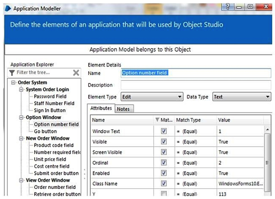 When entering an option within the Training Order system the relevant option number is entered into the Option number field as below. The Option number input field has been spied in Blue Prism:   The following attribute set has been returned by Application Modeller:   Which Attribute can be un-ticked to ensure consistent visibility of the element to Blue Prism? A)  Window Text B)  Visible C)  Screen Visible D)  Class Name