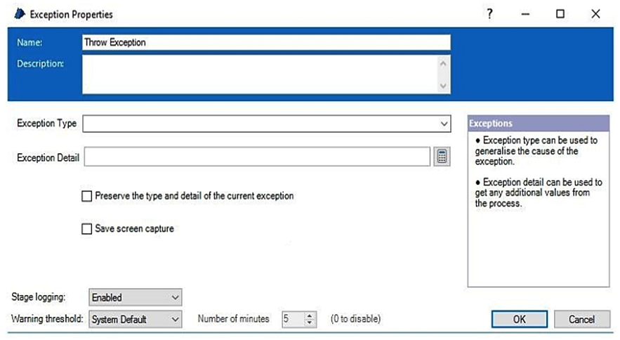 Examine the flow below:   An error has been encountered on Page1 and the exception has bubbled up to be recovered in the Recover1 stage. The 'Yes' path has been taken from the  Throw new Exception?  decision stage. Consider the Throw Exception stage properties below:   How should the properties be configured for the Process to throw a new Business exception, i.e. a different exception to the one encountered in Page1? A)  Configure Exception Type()  in the Exception Type field and ExceptionDetail()  in the Exception Detail field. Leave the Preserve the type and detail of the current exception checkbox un-ticked. B)  Tick the Preserve the type and detail of the current exception checkbox. Leave the Exception Type and Exception Detail fields blank. C)  Leave the Exception Type field blank and type  Business Exception  in the Exception Detail field. D)  Type Business Exception in the Exception Type field and type a custom message in the Exception Detail field.