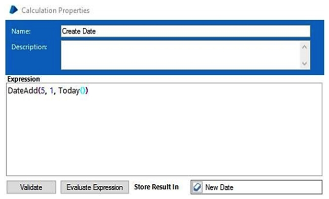 A process contains only 4 stages. Study the following process below:   The data item 'New Date is a date data item with no initial value. The calculation stage is configured as follows:   What will happen when you execute the Create Date stage? A)  5 days will be added to today's date and the result stored in the New Date data item. B)  1 month will be added to today's date and the result stored in the New Date data item. C)  1 week will be added to today's date and the result stored in the New Date data item. D)  The process will throw an exception as the New Date data item is null.