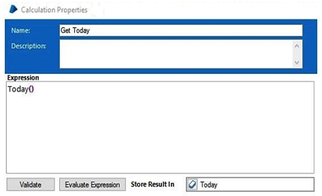 The following Calculation Stage uses the Todays function to get the current date as a date value and place it in a data item entitled  Today .   Which of the following statements is correct? A)  If the data item  Today  is configured with a Data Type of Text, an exception will be thrown on execution of the calculation stage B)  If the data item  Today  is configured with a Data Type of Date, an exception will be thrown on execution of the calculation stage C)  If the data item  Today  is configured with a Data Type of Date Time, an exception will be thrown on execution of the calculation stage D)  None of these statements are correct
