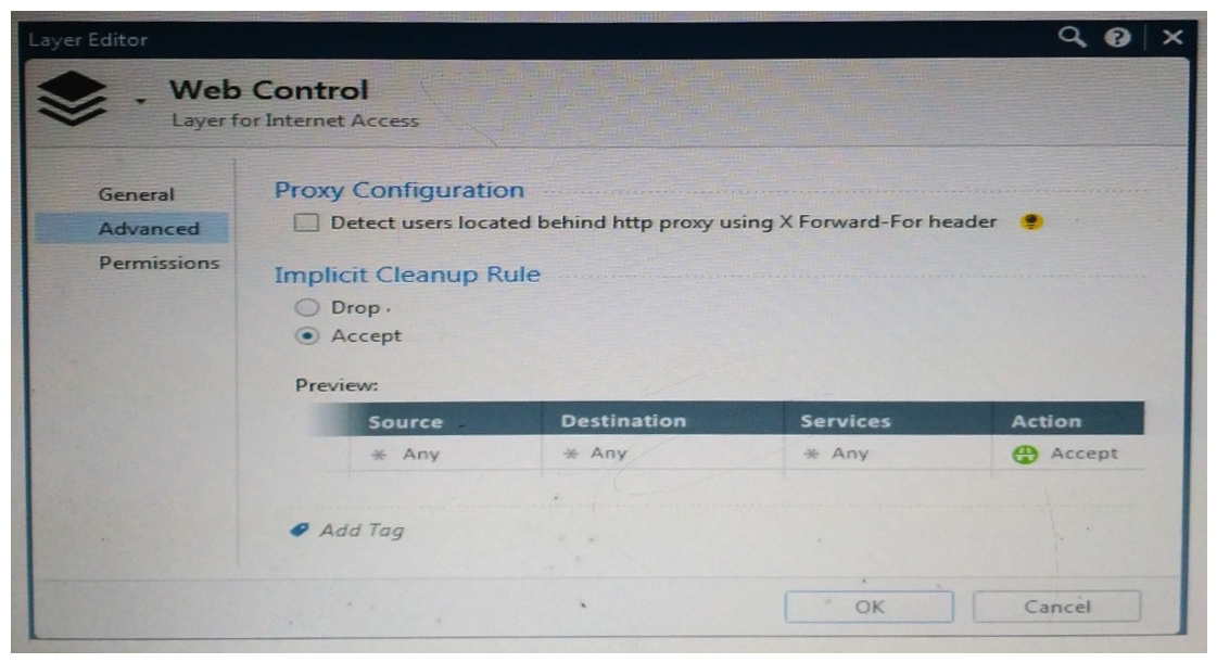 <strong>Web Control Layer has been set up using the settings in the following dialogue: Consider the following policy and select the BEST answer. </strong> A) Traffic that does not match any rule in the subpolicy is dropped. B) All employees can access only Youtube and Vimeo. C) Access to Youtube and Vimeo is allowed only once a day. D) Anyone from internal network can access the internet, expect the traffic defined in drop rules 5.2, 5.5 and 5.6.