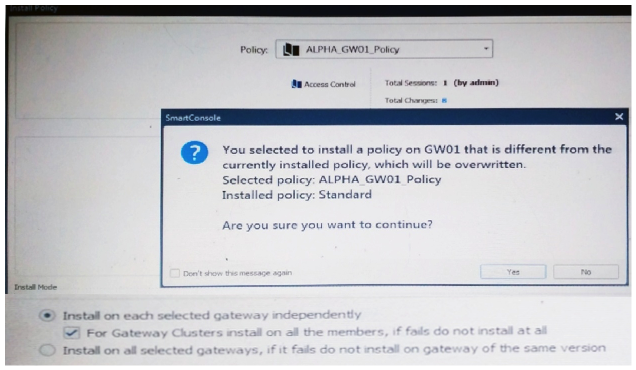 <strong>Why would an administrator see the message below? </strong> A) A new Policy Package created on both the Management and Gateway will be deleted and must be packed up first before proceeding. B) A new Policy Package created on the Management is going to be installed to the existing Gateway. C) A new Policy Package created on the Gateway is going to be installed on the existing Management. D) A new Policy Package created on the Gateway and transferred to the management will be overwritten by the Policy Package currently on the Gateway but can be restored from a periodic backup on the Gateway.