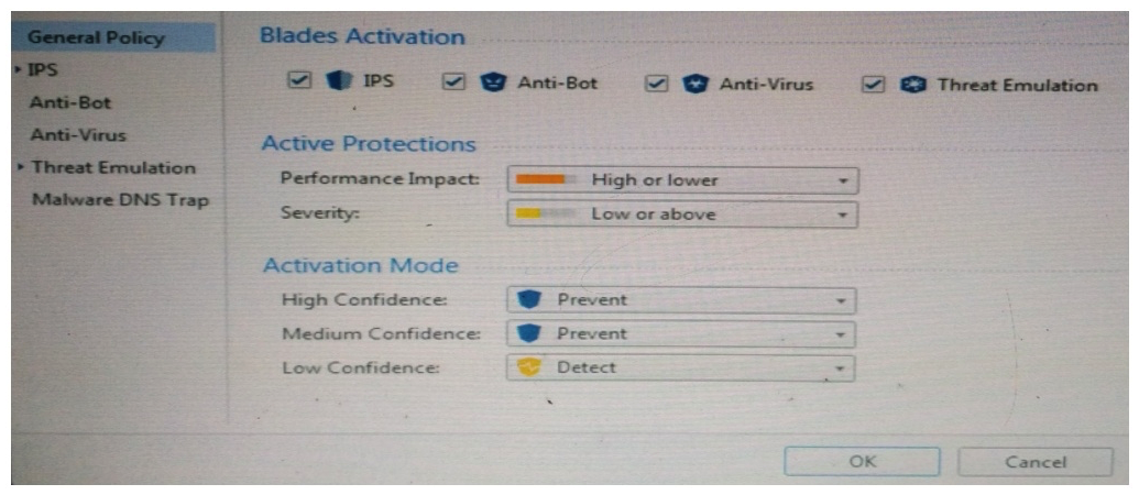 <strong>Provide very wide coverage for all products and protocols, with noticeable performance impact. How could you tune the profile in order to lower the CPU load still maintaining security at good level? Select the BEST answer.</strong> A) Set High Confidence to Low and Low Confidence to Inactive. B) Set the Performance Impact to Medium or lower. C) The problem is not with the Threat Prevention Profile. Consider adding more memory to the appliance. D) Set the Performance Impact to Very Low Confidence to Prevent.