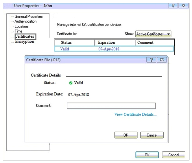 You can see the following graphic:   What is presented on it? A)  Properties of personal .p12 certificate file issued for user John. B)  Shared secret properties of John's password. C)  VPN certificate properties of the John's gateway. D)  Expired .p12 certificate properties for user John.