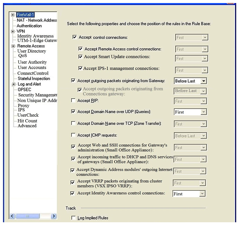 Consider the Global Properties following settings:   The selected option  Accept Domain Name over UDP (Queries)   means: A)  UDP Queries will be accepted by the traffic allowed only through interfaces with external anti-spoofing topology and this will be done before first explicit rule written by Administrator in a Security Policy. B)  All UDP Queries will be accepted by the traffic allowed through all interfaces and this will be done before first explicit rule written by Administrator in a Security Policy. C)  No UDP Queries will be accepted by the traffic allowed through all interfaces and this will be done before first explicit rule written by Administrator in a Security Policy. D)  All UDP Queries will be accepted by the traffic allowed by first explicit rule written by Administrator in a Security Policy.
