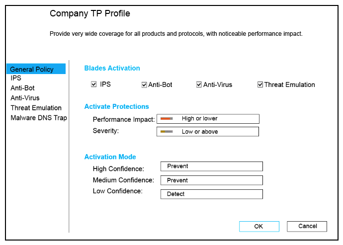 CPU-level of your Security gateway is peaking to 100% causing problems with traffic. You suspect that the problem might be the Threat Prevention settings. The following Threat Prevention Profile has been created.   How could you tune the profile in order to lower the CPU load still maintaining security at good level? Select the BEST answer. A)  Set High Confidence to Low and Low Confidence to Inactive. B)  Set the Performance Impact to Medium or lower. C)  The problem is not with the Threat Prevention Profile. Consider adding more memory to the appliance. D)  Set the Performance Impact to Very Low Confidence to Prevent.