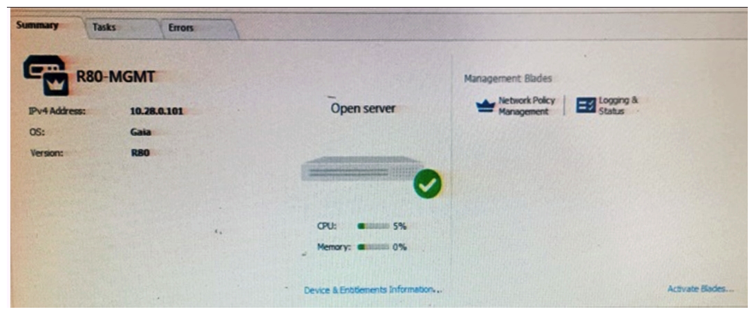 Tina is a new administrator who is currently reviewing the new Check Point R80 Management console interface. In the Gateways view, she is reviewing the Summary screen as in the screenshot below. What as an 'Open Server'?   A)  Check Point software deployed on a non-Check Point appliance. B)  The Open Server Consortium approved Server Hardware used for the purpose of Security and Availability. C)  A check Point Management Server deployed using the Open Systems Interconnection (OSI)  Server and Security deployment model. D)  A check Point Management Server software using the Open SSL.