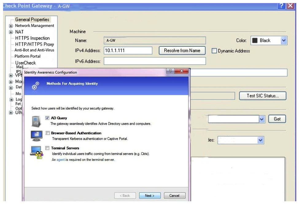 On the following picture an administrator configures Identity Awareness:   After clicking  Next  the above configuration is supported by: A)  Kerberos SSO which will be working for Active Directory integration B)  Based on Active Directory integration which allows the Security Gateway to correlate Active Directory users and machines to IP addresses in a method that is completely transparent to the user C)  Obligatory usage of Captive Portal D)  The ports 443 or 80 what will be used by Browser-Based and configured Authentication