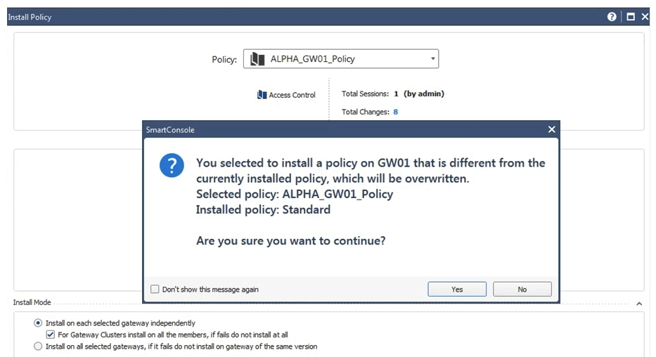 Why would an administrator see the message below?   A)  A new Policy Package created on both the Management and Gateway will be deleted and must be backed up first before proceeding. B)  A new Policy Package created on the Management is going to be installed to the existing Gateway. C)  A new Policy Package created on the Gateway is going to be installed on the existing Management. D)  A new Policy Package created on the Gateway and transferred to the Management will be overwritten by the Policy Package currently on the Gateway but can be restored from a periodic backup on the Gateway.