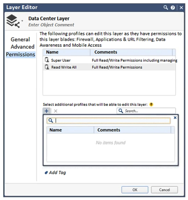 You want to define a selected administrator's permission to edit a layer. However, when you click the + sign in the  Select additional profile that will be able edit this layer  you do not see anything. What is the most likely cause of this problem?   A)   Edit layers by Software Blades  is unselected in the Permission Profile B)  There are no permission profiles available and you need to create one first. C)  All permission profiles are in use. D)   Edit layers by selected profiles in a layer editor  is unselected in the Permission profile.
